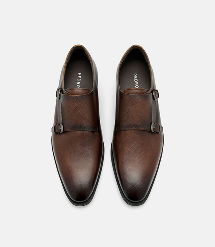 Saffiano Leather Double Monkstrap Shoes - Brown