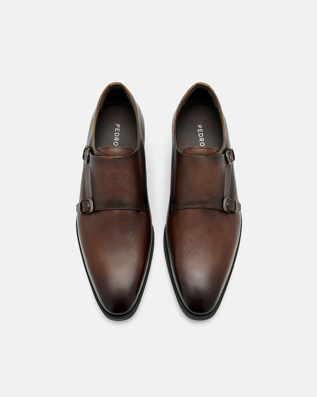 Saffiano Leather Double Monkstrap Shoes - Brown