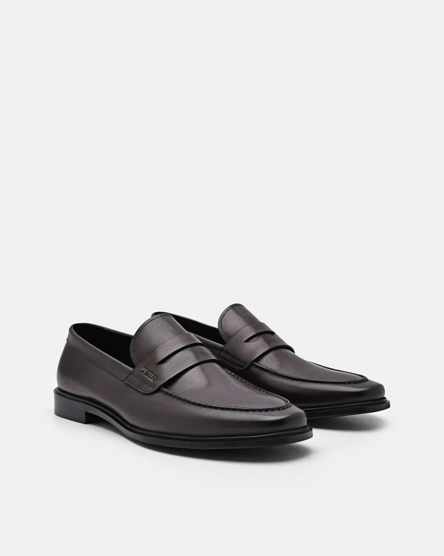Burnished Leather Penny Loafers - Dark Brown