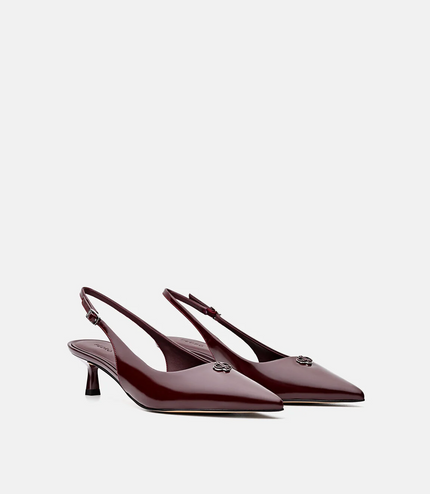 Leather Slingback Heel Pumps - Wine