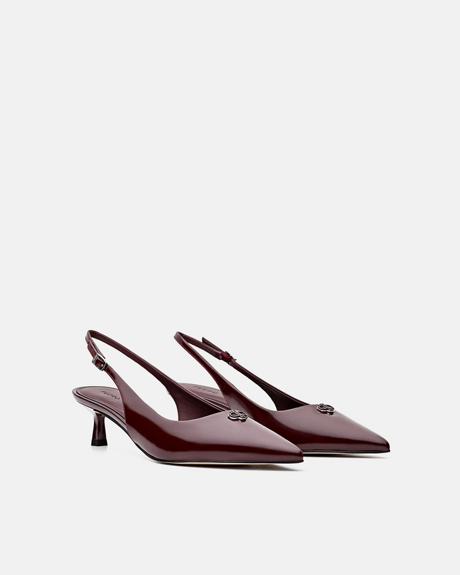 Leather Slingback Heel Pumps - Wine