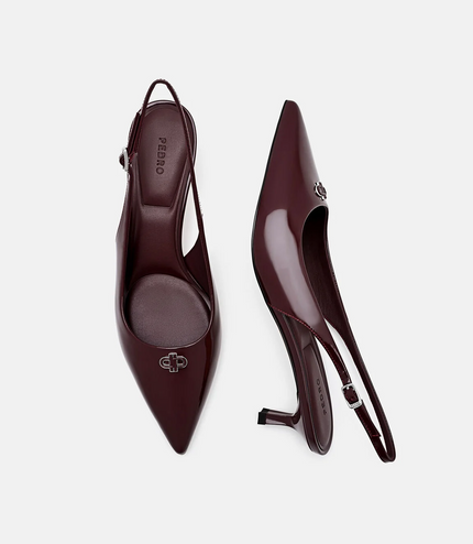 Leather Slingback Heel Pumps - Wine