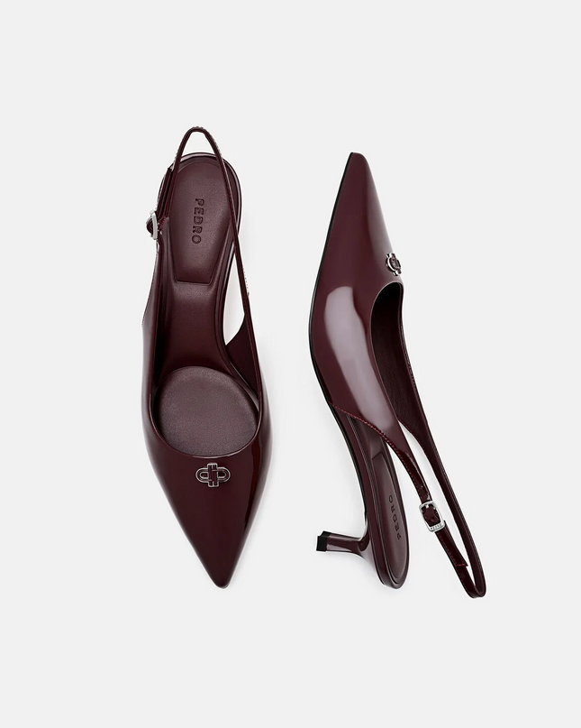 Leather Slingback Heel Pumps - Wine