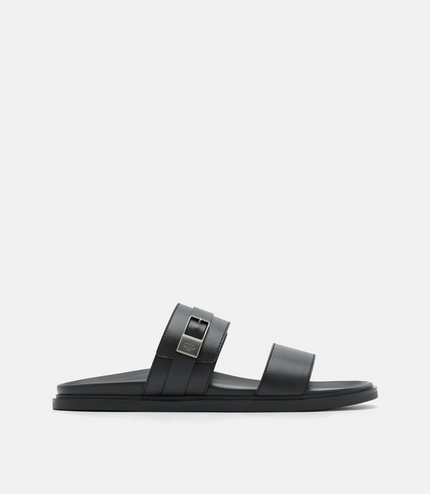 Double Band Buckle Slide Sandals - Black