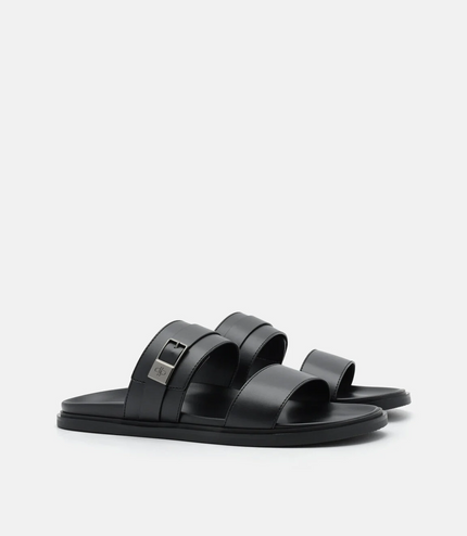 Double Band Buckle Slide Sandals - Black