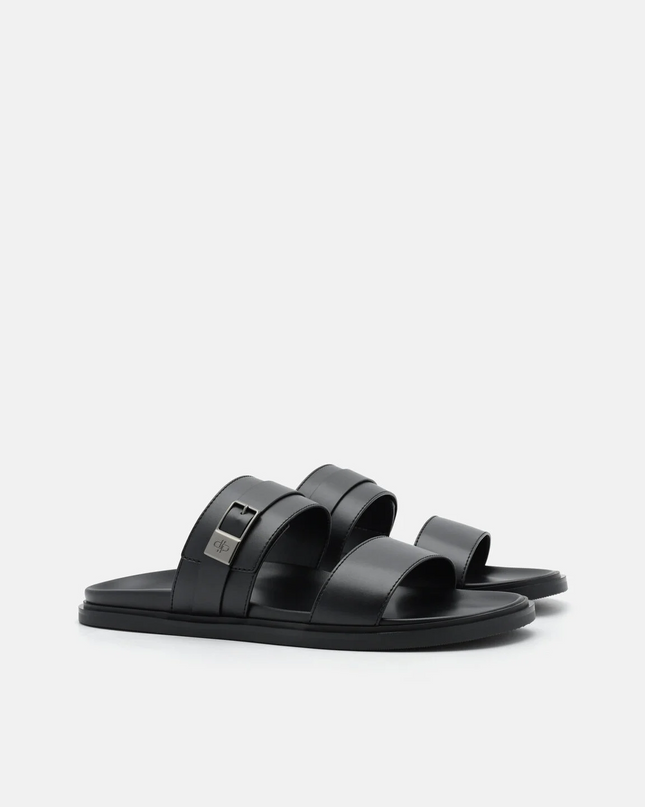 Double Band Buckle Slide Sandals - Black