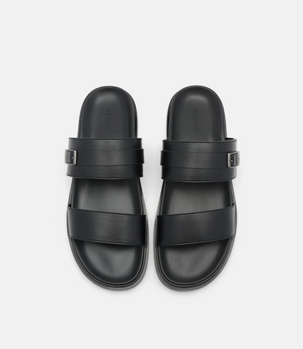 Double Band Buckle Slide Sandals - Black