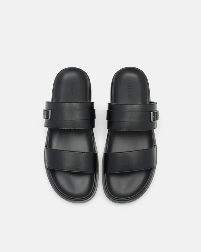 Double Band Buckle Slide Sandals - Black