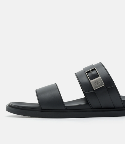 Double Band Buckle Slide Sandals - Black