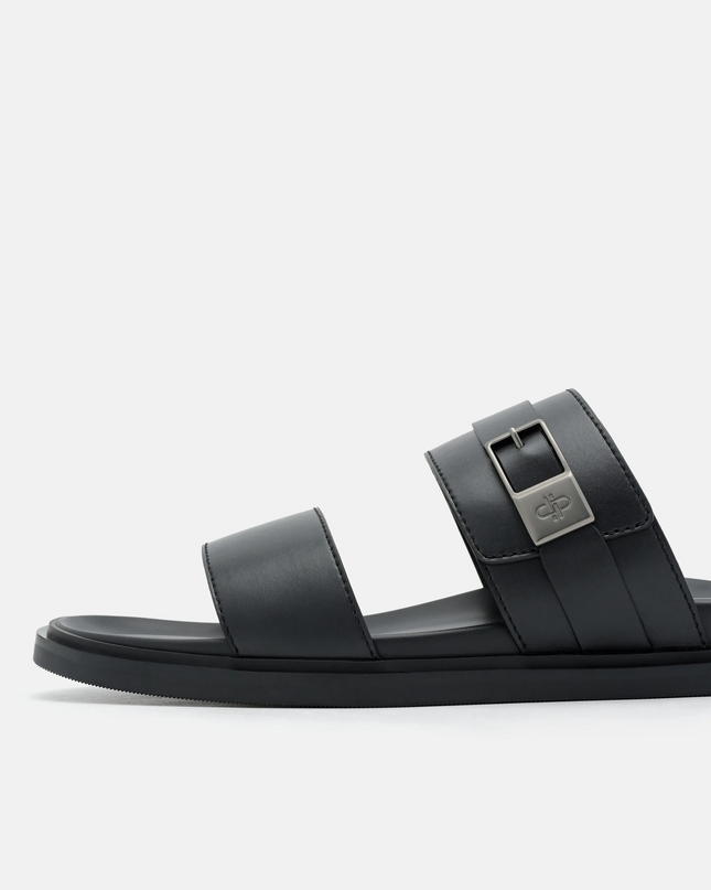 Double Band Buckle Slide Sandals - Black
