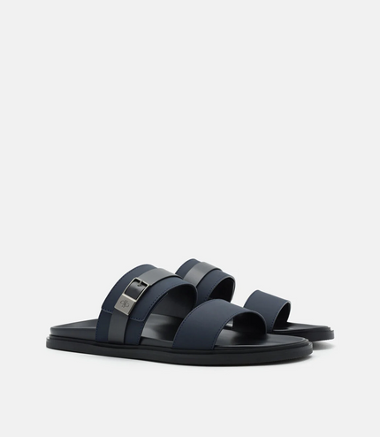 Double Band Buckle Slide Sandals - Navy