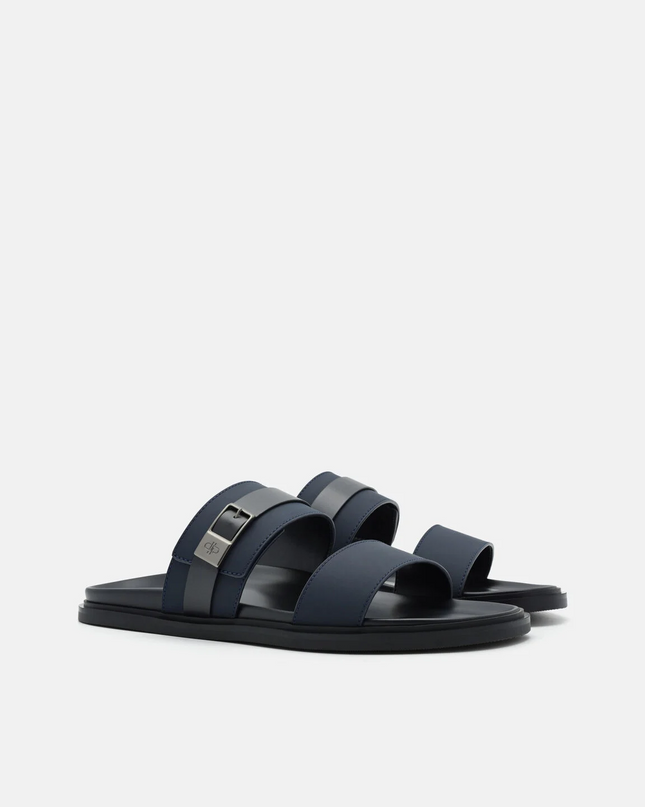 Double Band Buckle Slide Sandals - Navy
