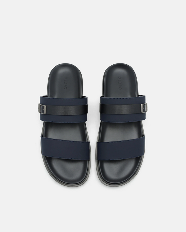 Double Band Buckle Slide Sandals - Navy