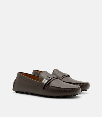 Embossed Leather Driving Shoes - Dark Brown