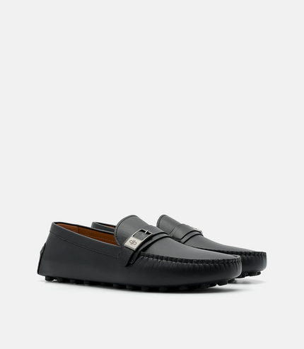 Embossed Leather Driving Shoes - Black