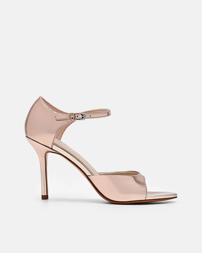 Leather Ankle Strap Stilletto Heel Sandals - Rose Gold