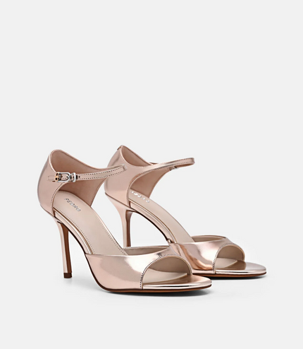 Leather Ankle Strap Stilletto Heel Sandals - Rose Gold