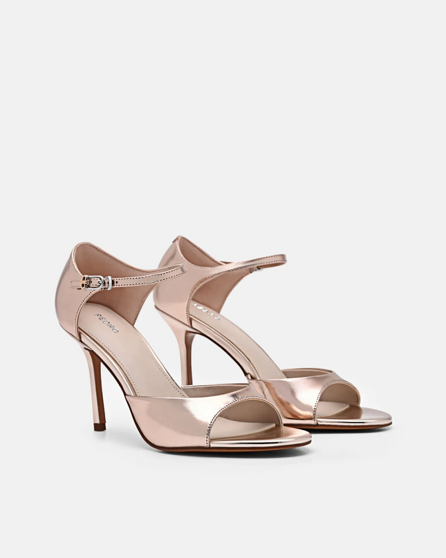 Leather Ankle Strap Stilletto Heel Sandals - Rose Gold
