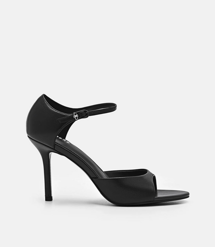 Leather Ankle Strap Stilletto Heel Sandals - Black