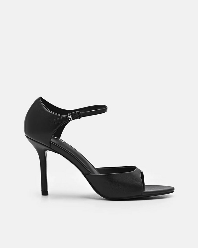 Leather Ankle Strap Stilletto Heel Sandals - Black