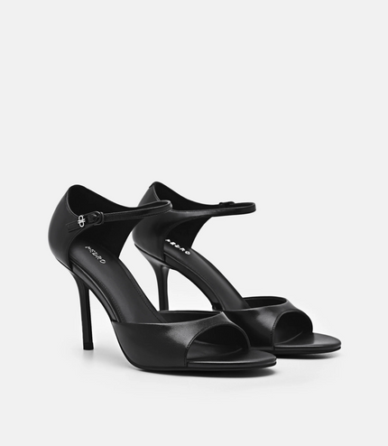 Leather Ankle Strap Stilletto Heel Sandals - Black