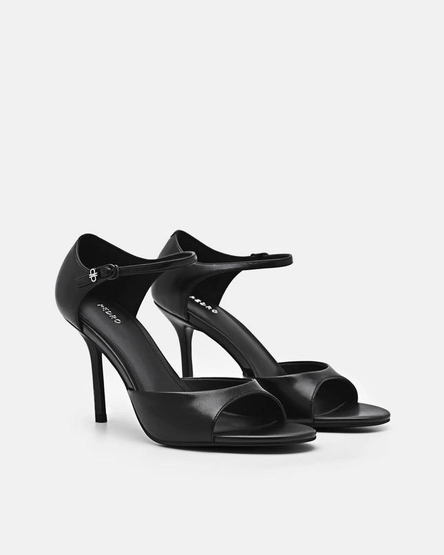 Leather Ankle Strap Stilletto Heel Sandals - Black