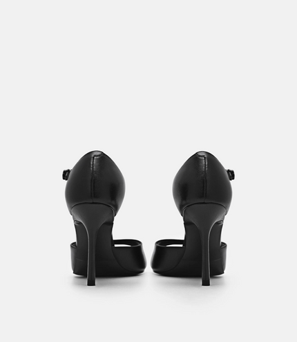 Leather Ankle Strap Stilletto Heel Sandals - Black