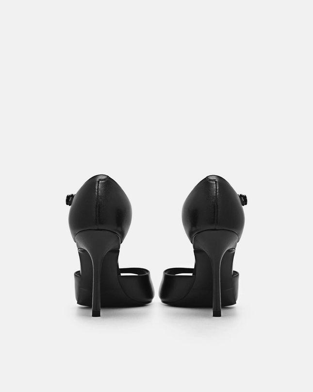 Leather Ankle Strap Stilletto Heel Sandals - Black