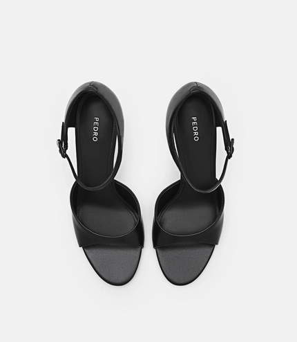 Leather Ankle Strap Stilletto Heel Sandals - Black