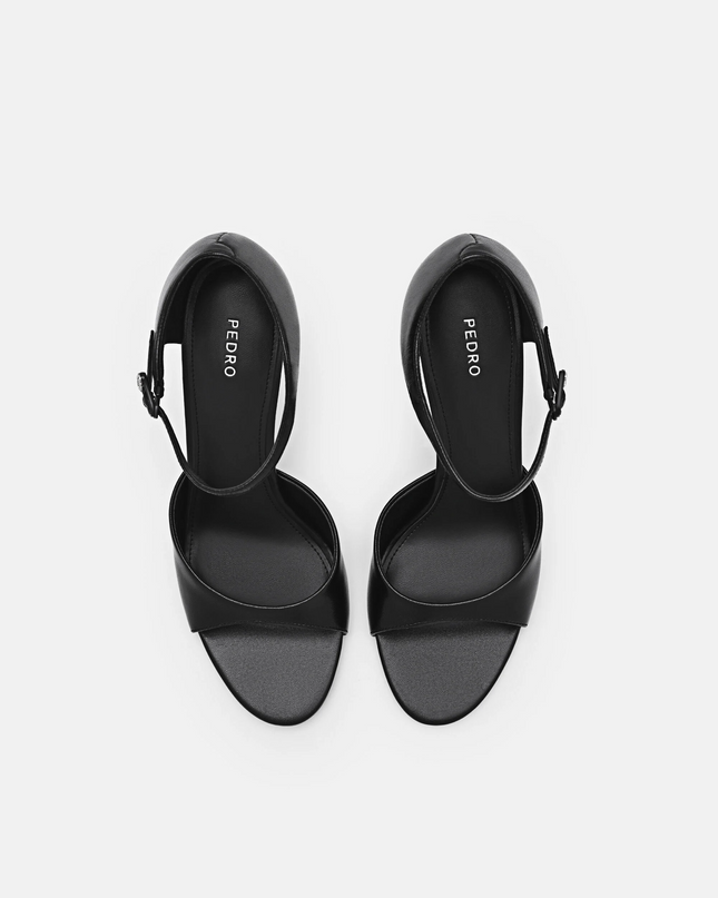Leather Ankle Strap Stilletto Heel Sandals - Black