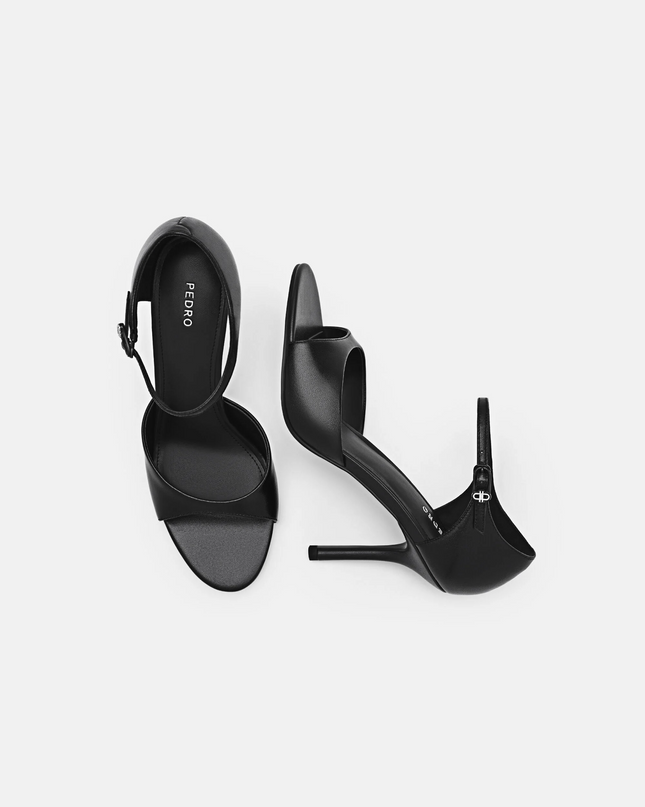 Leather Ankle Strap Stilletto Heel Sandals - Black
