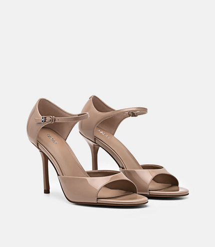 Leather Ankle Strap Stilletto Heel Sandals - Nude