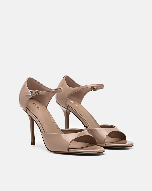 Leather Ankle Strap Stilletto Heel Sandals - Nude
