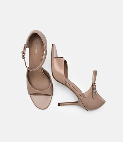 Leather Ankle Strap Stilletto Heel Sandals - Nude