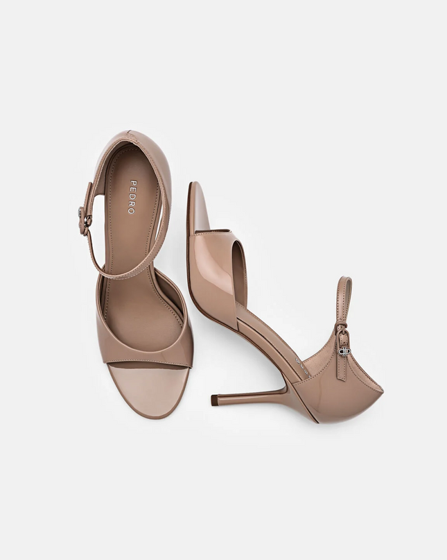 Leather Ankle Strap Stilletto Heel Sandals - Nude
