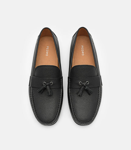 Leather Tassel Driving Shoes - Black