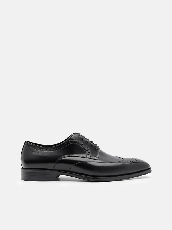 Leather Wingtip Derby Shoes - Black