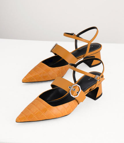 Croc-Effect Buckled Leather Heels