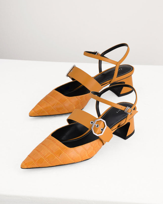 Croc-Effect Buckled Leather Heels