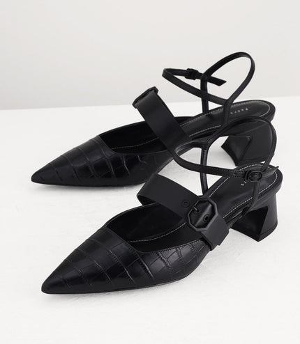 Croc-Effect Buckled Leather Heels
