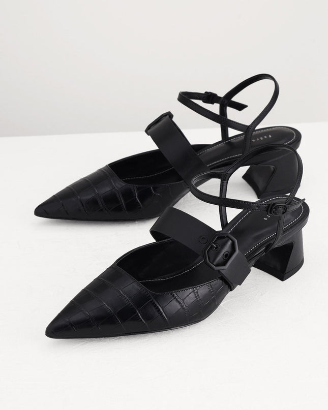 Croc-Effect Buckled Leather Heels