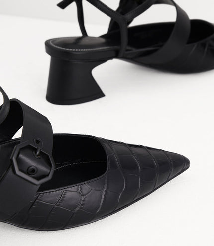 Croc-Effect Buckled Leather Heels