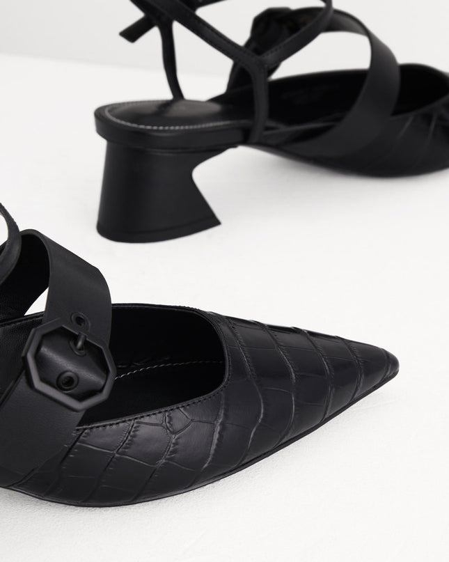 Croc-Effect Buckled Leather Heels