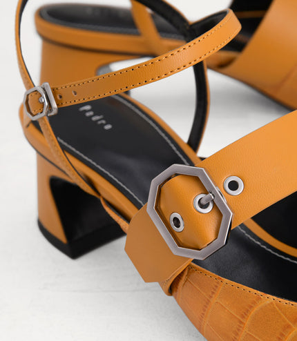 Croc-Effect Buckled Leather Heels