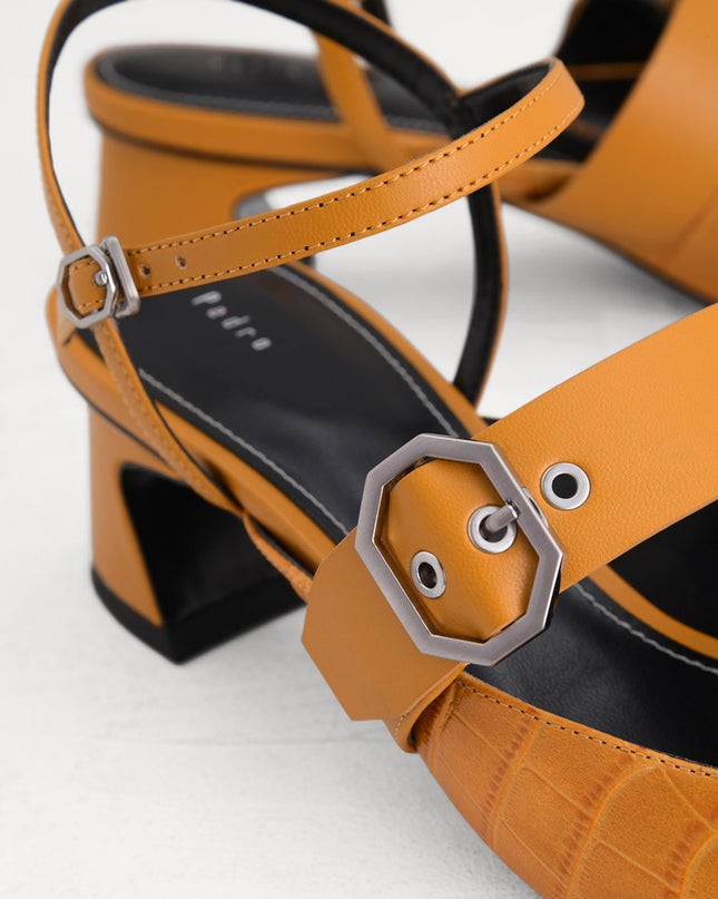 Croc-Effect Buckled Leather Heels