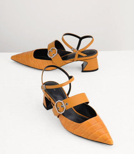 Croc-Effect Buckled Leather Heels