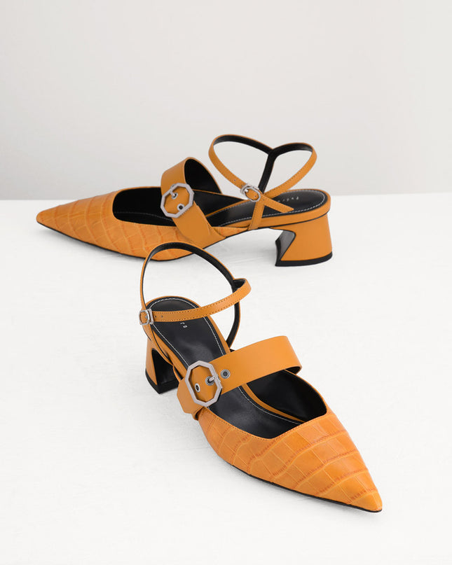 Croc-Effect Buckled Leather Heels