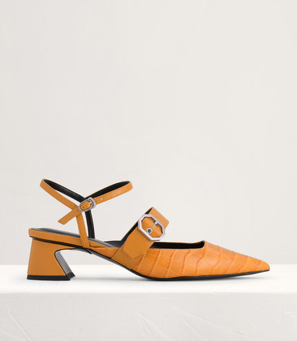 Croc-Effect Buckled Leather Heels