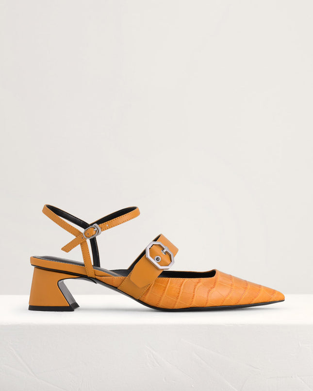 Croc-Effect Buckled Leather Heels