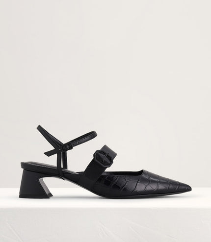 Croc-Effect Buckled Leather Heels